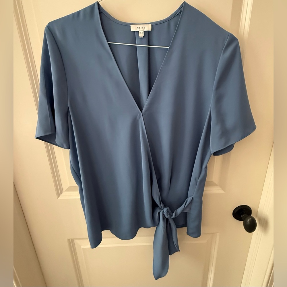 Reiss china blue wrap tie blouse, size 10
